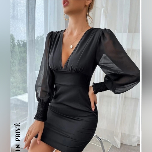 Shein Plunging Neck Lantern Sleeve Bodycon Dress - Picture 2 of 2